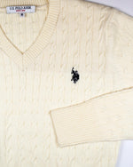 Cable V neck Knit Shirt　ケーブル編みVネックニット　 ダブルホースマン刺繍　PLL43413