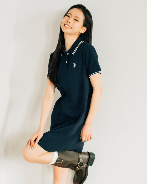 【予約商品】Polo Shirt dress　配色ポロワンピース　ダブルホースマン刺繍鹿の子　PLL51101